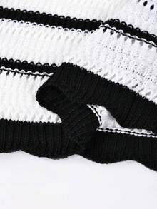 Elegant Bohemian Style Knit Women's Set, High Elasticity Fitted Design, Ruffle Hem Strapless Crop Top Paired With Elastic Waist Bodycon Skirt, Sexy Contrast Color Striped Hollow-Out 2-Piece Set, Suitable For Summer Casual, Beach, Holiday, Party Wear - Black and White - View 8