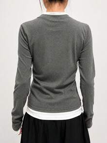 Early Autumn Korean Style Japanese Color Block 2 In 1 Slim Fit Round Neck Long Sleeve Inner Layer T-Shirt Top For Women - Grey - View 10