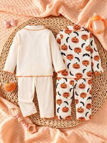 4-Piece Autumn/Winter Boys' Pumpkin Printed Long Sleeve Pants Combination Pajama Set, Skull, Spider Web, Halloween Home Dress, Entertainment Party - Multicolor - View 5