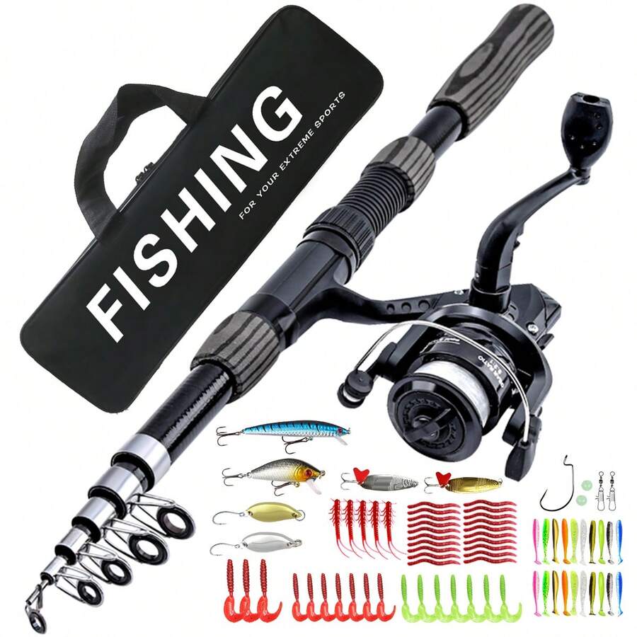 KecchKrezing Telescopic Fishing Rod And Spinning Reel Combo, Complete Fishing Tackle Set With Lures, Hooks, Fishing Line, Beginner Outdoor Freshwater Fishing Gear With Storage Bag