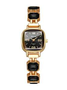 Reloj de pulsera digital cuadrado exquisito para mujer, reloj de cuarzo con incrustaciones de strass de corte de moda, regalo para novia (1 pieza/set) Caja de reloj no incluida - Negro - Ver 9