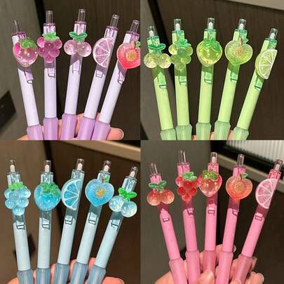 5pcs/Set Multi-Color Fruit Decoration Press Gel Pens Transparent Fruit Pendant 0.5mm Black Ink Smooth Writing Neutral Pens, Office And Daily Use,Stationery Gift,Office Supplies,School Supllies