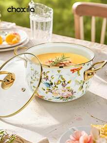 choxila 1 pieza Olla de sopa de esmalte floral vintage, olla de estofado de esmalte con patrón de pájaros y flores para mariscos con tapa de vidrio, en stock - Ver 3
