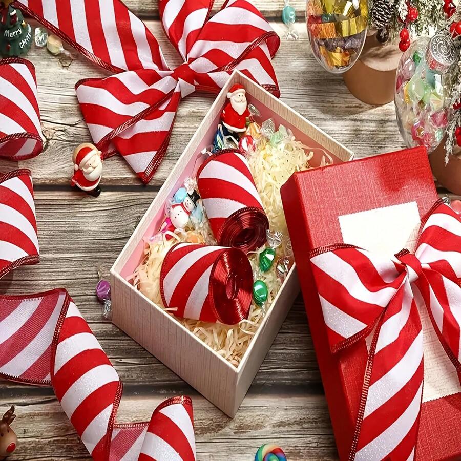 1 Roll 4.5m Red & White Diagonal Stripe Ribbon, Christmas Gift Wrapping Handmade Decorative Ribbon, Wreath Bows, Holiday Party Decoration, Suitable For Gift Wrapping, Holiday Decoration (177.15*1.49 Inches) - Multicolor - View 1