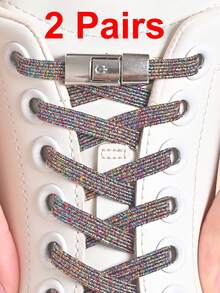 COSYLEE 2 Pairs Colorful Fashion Elastic No-Tie Shoelaces With Press-Lock Buckle, Gradient Color Flat Wide Shoelaces - 2 Pairs - Multicolor - View 1