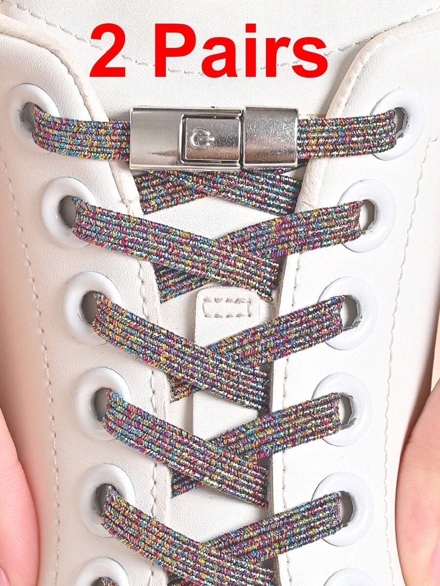 COSYLEE 2 Pairs Colorful Fashion Elastic No-Tie Shoelaces With Press-Lock Buckle, Gradient Color Flat Wide Shoelaces - 2 Pairs - Multicolor - View 1