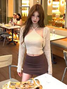 Y2K Pure Desire Spaghetti Strap Strap Top + Hollow Out Cropped Knit Cardigan 2 Pieces Set, Date Store Visit Afternoon Tea Commute Daily Layering Fall - Apricot - View 3