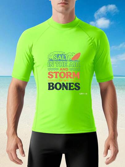 Storm In Bones Text Soft Stretchy Men Surf Wetsuit Short Sleeve Holiday Water Activity Swimwear