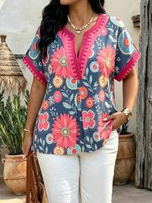 Plus Size Women's V-Neck Printed Short Sleeve Blouse, Roll-Up Sleeves, Casual Woven Top, Perfect For Spring And Summer Wear - Multicolor - View 1