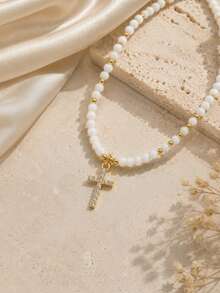 1pc Niche Fashion Design Faux Crystal Beaded Rhinestone Cross Pendant Necklace For Women - White - View 3