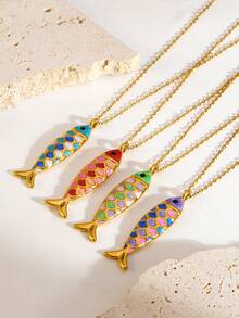 VceTd 2PCS Ocean Vacation Style Stainless Steel Women's Jewelry Set With Fish/Shell Pendant Design, Suitable For Daily Wear Or Beach Vacation Or Gift - Yellow Gold - View 5