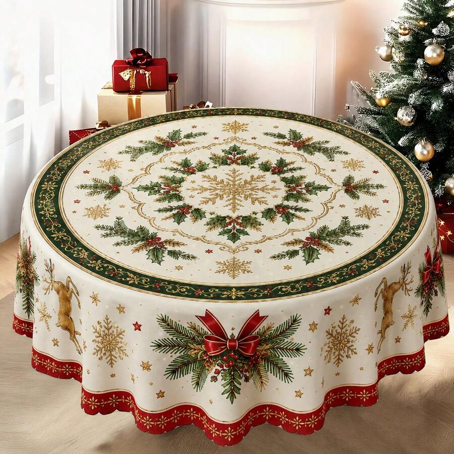 1pc Christmas Party Tablecloth, Reindeer, Holly, Bow Pattern, Rectangular And Round Options, Pine Branch And Snowflake Print Polyester Tablecloth, Suitable For Holiday Dining Room, Christmas Party, Winter Home Decor - Multicolor - View 1