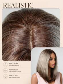 16 Inch Synthetic Hair Straight Gradient Gray-Gold Middle Part Feather Layered Bob Wig, Fashionable Mid-Length, Suitable For Daily Wear, Party, Halloween And Christmas Fashion Accessory - Ombre - View 6