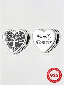HuooNew 1件 S925 純銀心形生命之樹珠飾，刻有 Family Forever 的鏤空家族樹 DIY 手鍊銀珠配件 - 銀色 - 查看 1