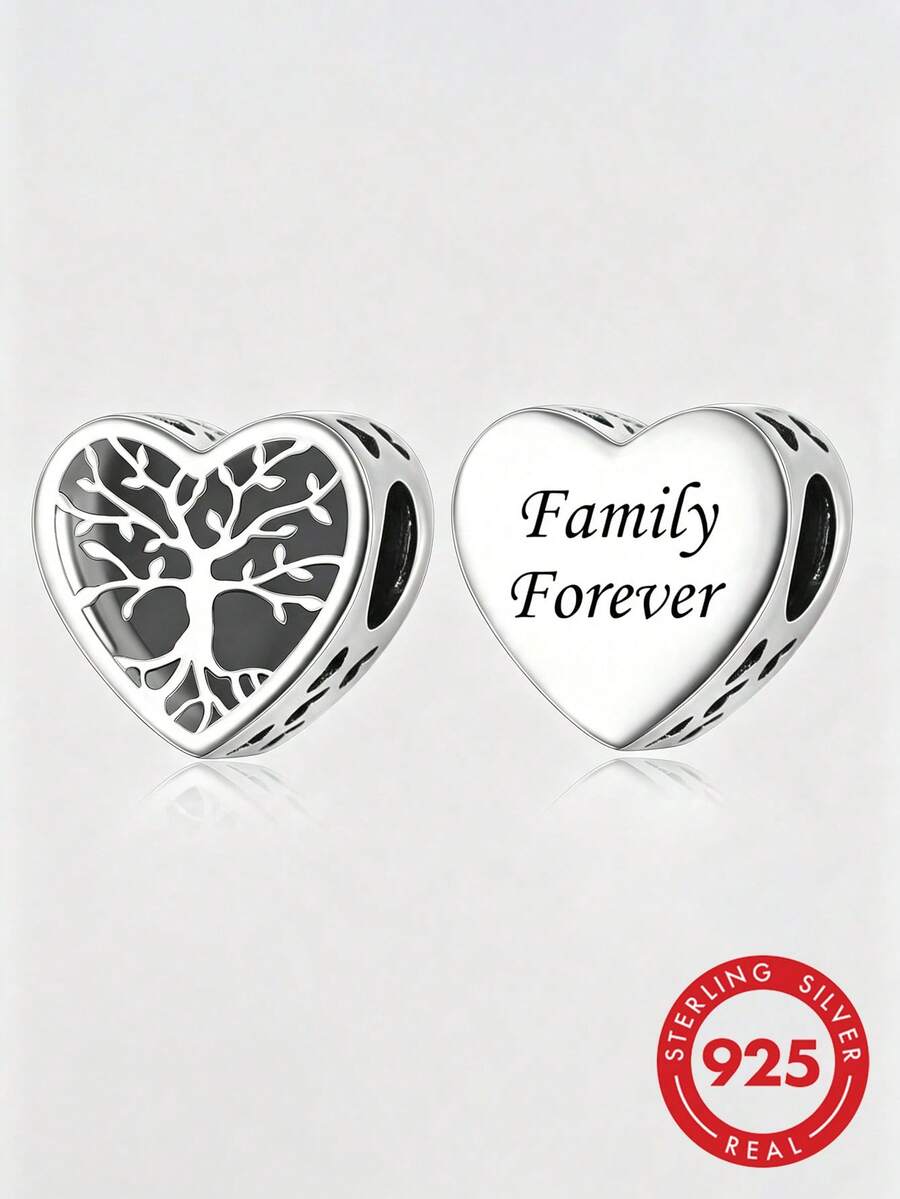 HuooNew 1件 S925 純銀心形生命之樹珠飾,刻有 Family Forever 的鏤空家族樹 DIY 手鍊銀珠配件 - 銀色 - 查看 1