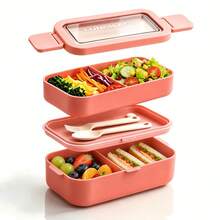 1pc Double-Layer Portable Lunch Box, Microwave ; Large Capacity Stackable Lunch Box, 1350ml; Includes Fork And Spoon Set; Pink Color - Multicolor - View 1