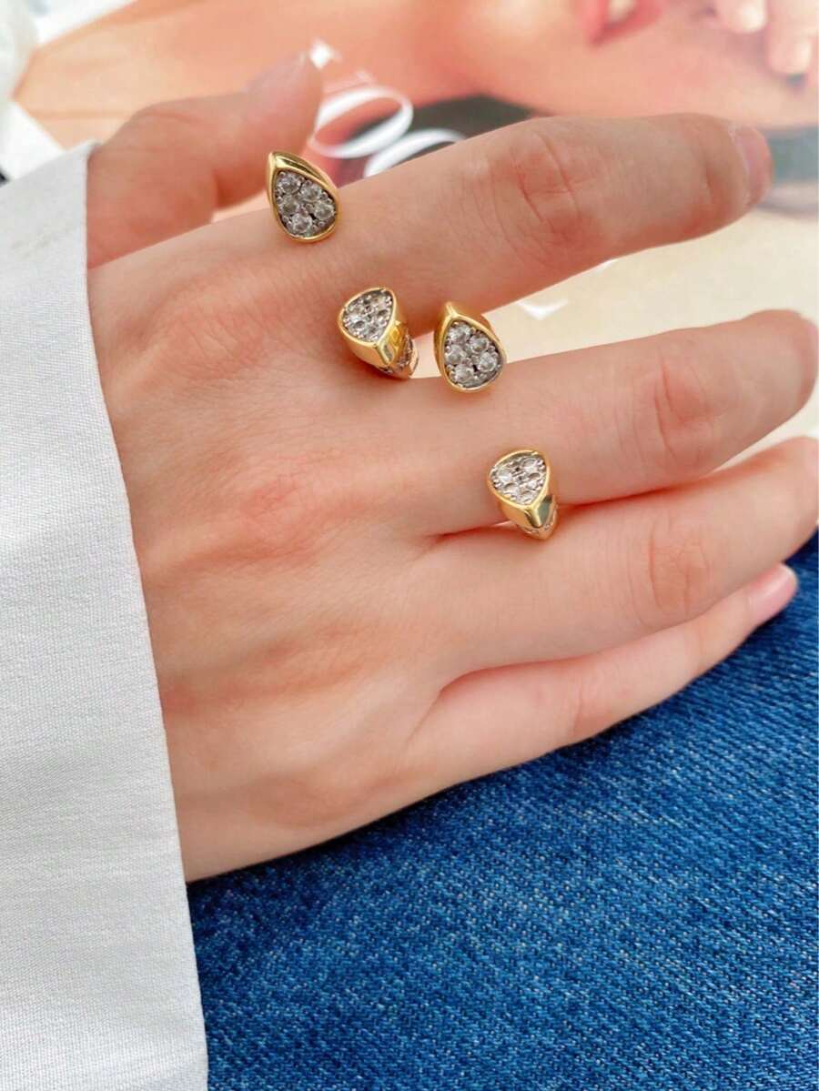 1 pieza Anillo de uña de moda nueva en color dorado, electrochapado de doble tono con incrustación de circonita, estilo minimalista personalizado - Dorado - Ver 1