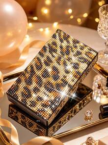 Full Rhinestone Leopard Print Mini Hair Clip Storage Box, Luxury Rhinestone Portable Multi-Functional Storage Box, Internet Celebrity Ins Style Portable Makeup Tool Storage Bag. Flip Cover Dust-Proof Design, Suitable For Travel, Hotel, Commute And Daily Storage. Exquisite Rhinestone Leopard Print, Suitable For Makeup Bloggers, Makeup Lovers, Can Store Mini Makeup Brushes, Lip Brushes, Fashionable Versatile Portable Makeup Storage Item. Couples, Birthday Gift, Back To School Season, Teacher's Day - Multicolor - View 5