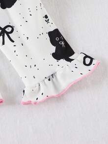 Cute Black Cat Print Pajama Set For Young Girl, V-Neck Frill Trim Long Sleeve Top And Long Pants, 2 Pieces Children's Loungewear - White - View 6
