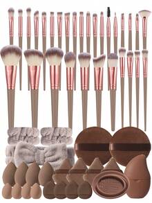 3/6/53Pcs All‑In‑One Makeup Tool Kit, 30 PCSSoft Synthetic Face & Eye Makeup Brushes, Assorted Powder Puffs, Makeup Sponges, Bow‑Knot Hair Bands, Brush Cleaning Bowl, Sponge Storage Case, Complete Cosmetic Set For Daily Makeup & Beginners - Brown - View 14