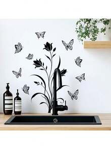 1pc Black Tulip Butterfly Silhouette Self-Adhesive Wall Sticker, Removable And No Damage, Home Wall Decor For Living Room, Bedroom, Entryway Background Wall - Tulip Butterfly - View 2