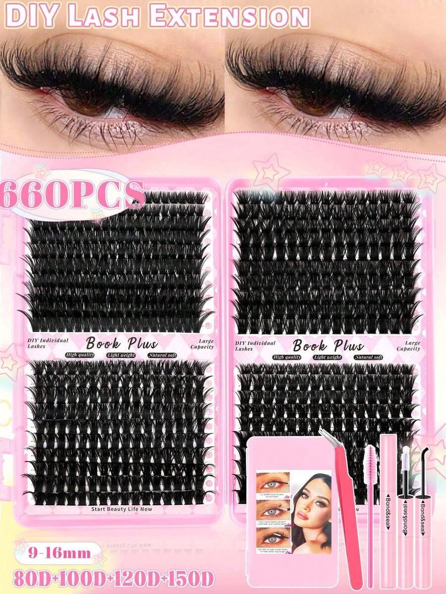 660/800 Clusters D Curl False Eyelashes, Includes Adhesive And Sealer, Tweezers, Eye Brush, Large Capacity, Suitable For Beginners, Professional DIY Segmented Eyelash Set, Easy To Use At Home, Dense Fluffy Natural Look Single Clusters, Suitable For Different Eye Makeup - Black - View 1