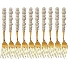 2/10/20pcs Beautiful Pearl Shaped Stainless Steel Tableware Silverware Set, Golden,Including Ceramic Handle Spoons, Forks, Unique And Elegant Porcelain With Shell Luster, Kitchen Tools And Accessories, Perfect For Restaurants, Daily Family Meals - Multicolor - View 16