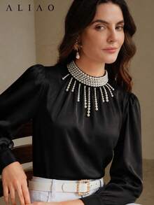 ALIAO Women's Black Solid Color Glossy Vintage French Style 3D Pearl Collar Satin Blouse, Elegant Fashion Urban Style, Versatile Long Sleeve Top For Daily Commute, Back To School, Office, And Street Wear - Black - View 2