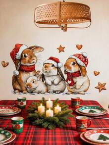 1pc 2D Flat-Printed Christmas-Themed Rabbit Glass Sticker, Electrostatic Adhesion, Reusable, Suitable For Indoor Windows, Used For Window Decoration And Holiday Decor, Easy To Install And Remove, Can Be Used As A Holiday Gift. - Multi-color - View 3