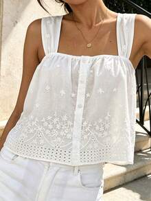 Vacation Casual Floral Embroidered Tank Top - White - View 4