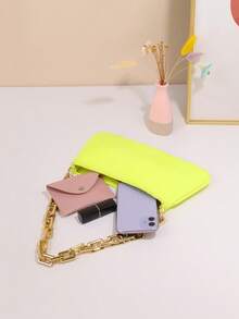 Tas Baguette Akrilik Motif Ular Kuning Fluorescent Cerah dengan Dekorasi Rantai Emas dan Tali Bahu - kuning neon - View 7