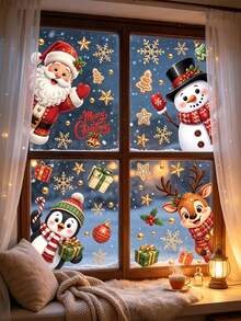 48pcs/4 Sheets Large Christmas Window Stickers, Christmas Snowman, Santa Claus, Reindeer, Snowflake, Tree, Suitable For Holiday Party Home Office Classroom Window Sticker Decoration, Winter Silhouette Indoor Glass Decor - Multicolor - View 2