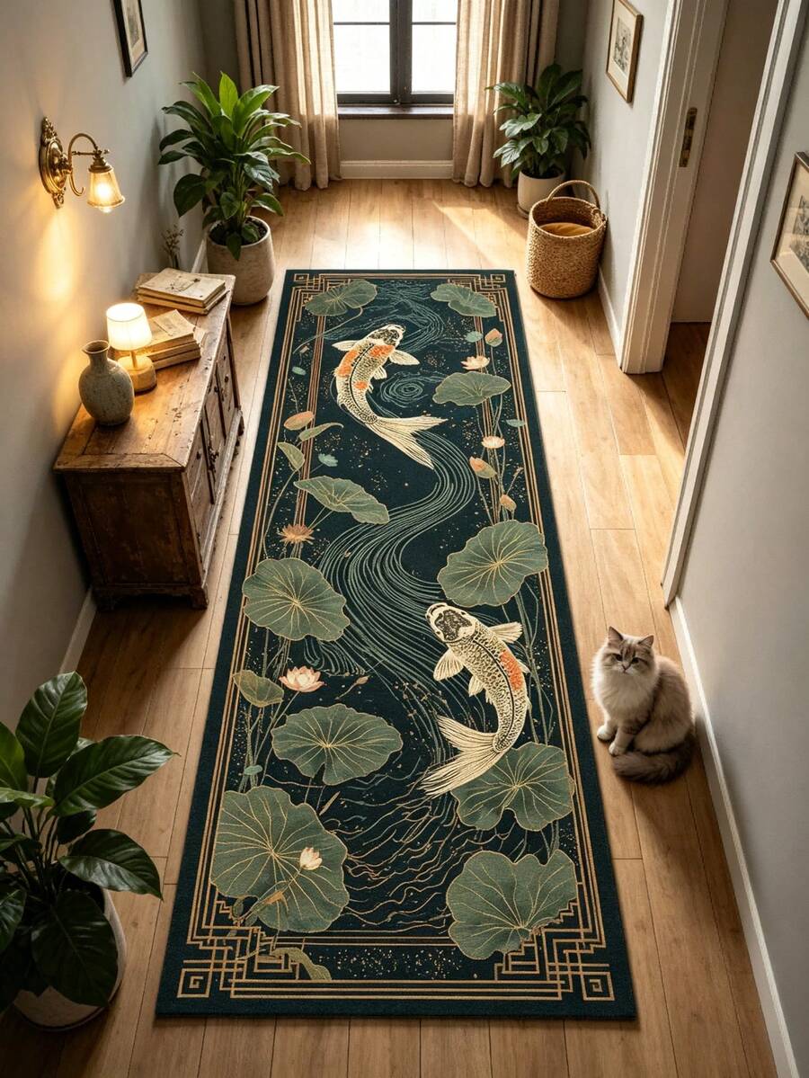1pc Dark Green Lotus Fish Pond Floor Mat, Large Carpet, Welcome Mat, Long Runner, Floor Mat, Outdoor Doormat, Kitchen Rug, Home Decor, Front Door Mat, Area Rug, Outdoor Mat, Home Decor, Area Rug, Garden Carpet, Washable Rug - Multicolor - View 1