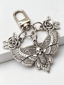 Gothic Death Moth Rose Keychain, Vintage Skull Butterfly Metal Key Ring, Dark Academia Punk Bag Charm, Car Key Accessory Gift - Multicolor - View 2