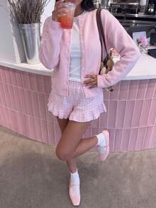 Autumn Back To School Soft Sweater Outfit, Women's Pink Round Neck Button Long Sleeve Cropped Cardigan, Basic Top For Daily Wear, Commuting And Dating - Pink - View 6