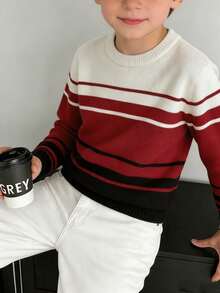 Kids Boys Contrast Striped Knit Pullover Long Sleeve Crew Neck Casual Sweater For Autumn Winter Daily Outfit - White - View 6