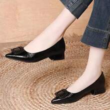 High Heel Pumps, Commuter Thick Heel Low Vamp Shoes, Pointed Toe Patent Leather Shiny Work Shoes, Square Buckle Mid Heel Formal Work Shoes - Black - View 3
