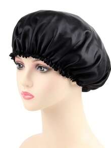 2 Buah Topi Tidur Satin Elegan dan Bernapas - Topi Tidur Elastis, Ruffle Dua Lapis, Topi Tidur Satin Sutra Wanita - Hitam - View 4
