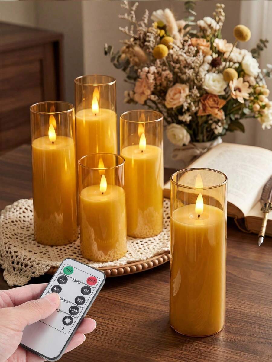 2/3/5pcs Flameless Candles With Timer And Remote Control, LED Smokeless Odorless Battery Powered, Suitable For Birthday, Wedding, Christmas, Halloween, Valentine's Day, Party And Other Occasions - Gold - View 1