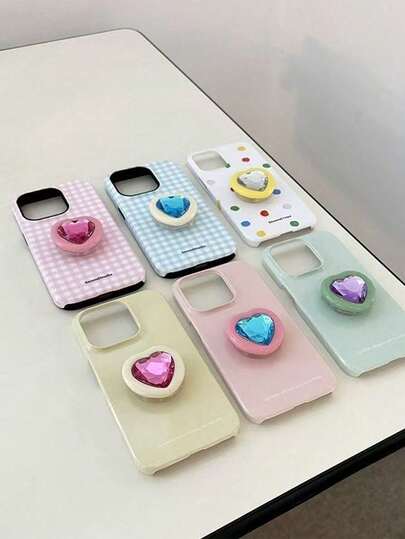Stylish Women's Heart-Shaped Gemstone Airbag Phone Holder With Retractable And Rotatable Adhesive Grip, Suitable For IPhonecase Covers, Samsungphone Case Stickers, Phone Charms, And IPadprotective Cases.