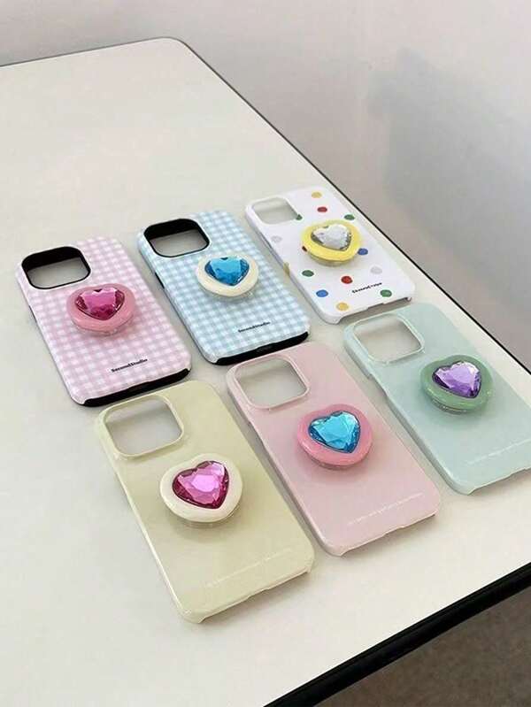 Stylish Women's Heart-Shaped Gemstone Airbag Phone Holder With Retractable And Rotatable Adhesive Grip, Suitable For IPhonecase Covers, Samsungphone Case Stickers, Phone Charms, And IPadprotective Cases.