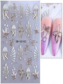 1pc 5D Embossed Ocean Style Nail Art Sticker, Colorful Starfish Shell Coral Pattern, Summer Beach Theme Nail Decoration, DIY Self-Adhesive Nail Decal, Suitable For Women And Girls - Multicolor - View 6