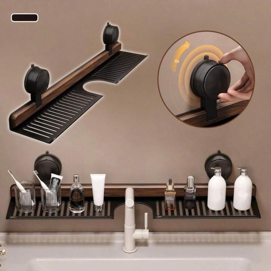 1 buah Rak Kayu Walnut dengan Perekat Hisap, Cocok untuk Meja Rias Kamar Mandi dan Wastafel Dapur, Desain Tanpa Pengeboran, Rak Penyimpanan Multifungsi, Solusi Penyimpanan Praktis untuk Pengatur Wastafel Kamar Mandi