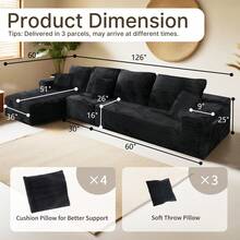 NIZULA FOAM 126'' Cloud Sectional Couch With L-Shaped Recliner,(Black) Boneless Corduroy Sofa With Deep Seat, Modern Modular Couch For Living Room, No Assembly Required, Comfy Plush Corduroy Fabric,Sofa De Sala,Couch,Sofa Cama,Muebles Para Sala - 黑色 - 查看 13