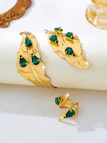 2pcs/Set Fashionable Luxurious Old Money Style Metal Spiral Round Ring Inlaid With Green Gemstone Suitable For Women's Daily Wear, Party, Gathering Bracelet And Ring Set - Golden - View 2