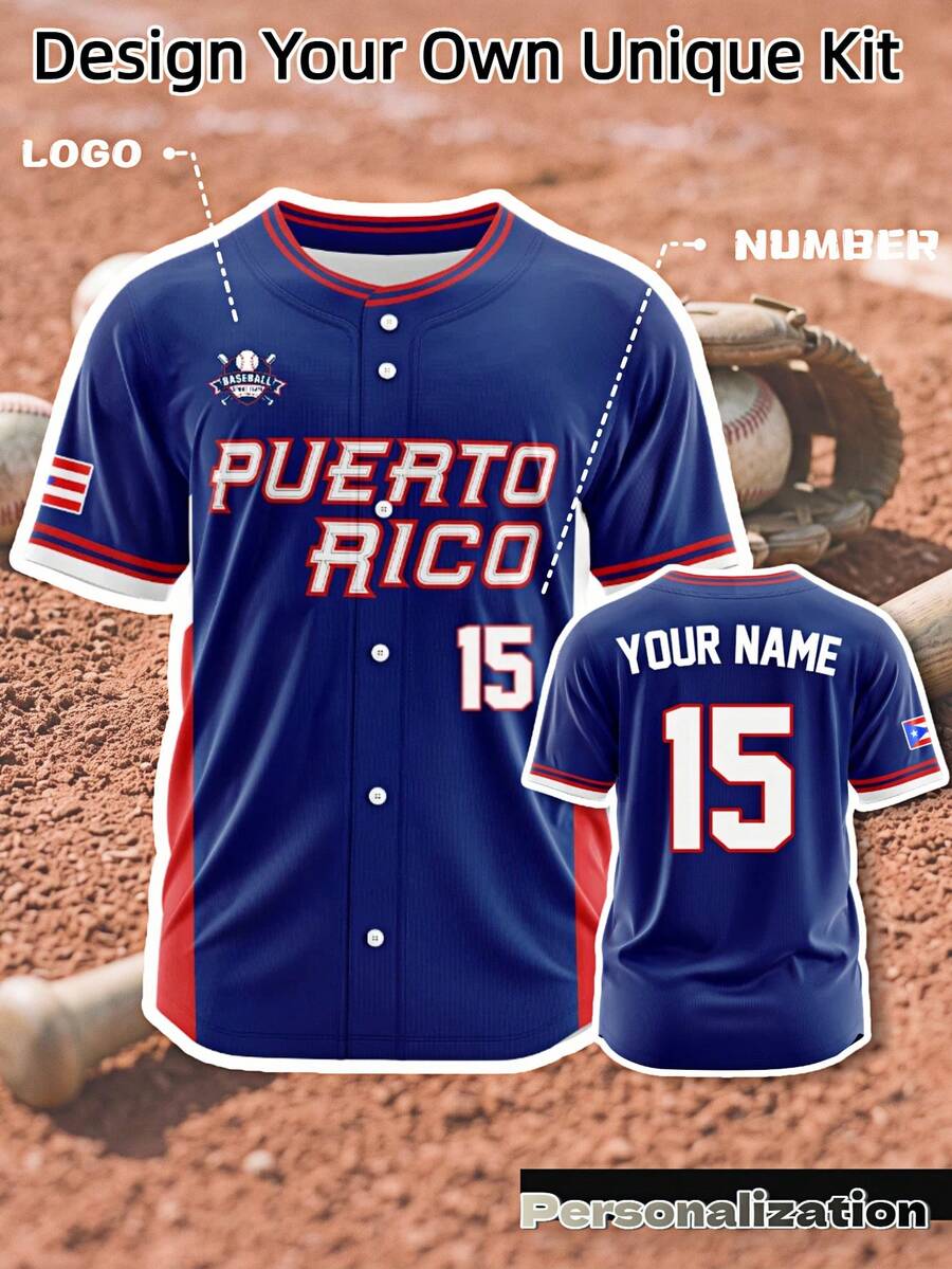 Custom Puerto Rico Theme Baseball Button-Up Jersey, Deep Blue Base With Red And White Contrast Design, Customizable Content On Front And Back, Free To Change Player Name And Jersey Number, Customizable Team Logo, Comfortable And Soft Fabric, Suitable For Baseball Competitive Matches, Team Training, Also Suitable For Street Casual, Fan Gatherings, 2026 Baseball - Blue - View 1