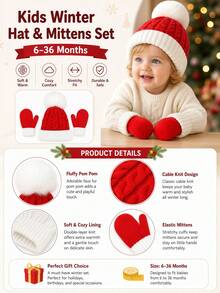 3PCS 6-36M Christmas Knitted Hat, Autumn/Winter Warm Pom Pom Hat, Gloves Set, Children's Knitted Hat And Gloves - 3PCS - View 4