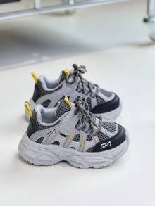 1 Pair New Colorblock Mesh Sports Shoes For Boys And Girls, Large Mesh Breathable, /Durable Casual Chunky Sneakers For Toddlers - Grey - View 5