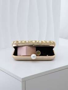 Dedoo Women's Gold Rhinestone Evening Clutch,Hard Shell Rectangular Handbag, Pearl Clasp,Shiny Leaf Pattern,Suitable For Weddings,Balls And Formal Occasions - Gold - View 9