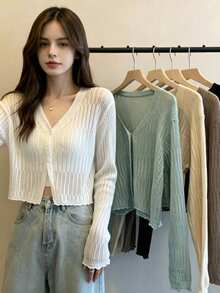1 Black And White Apricot Green Thin Ruffle V-Neck Knit Cardigan Long Sleeve Sun Protection Shawl - Multicolor - View 11